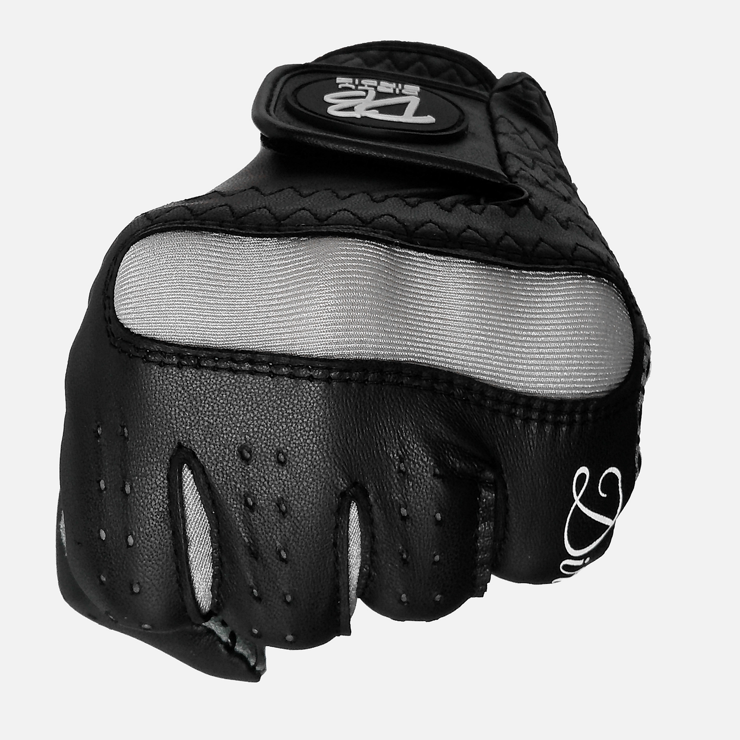 Sleek black golf glove with fist clenched showing flexibility in knuckles