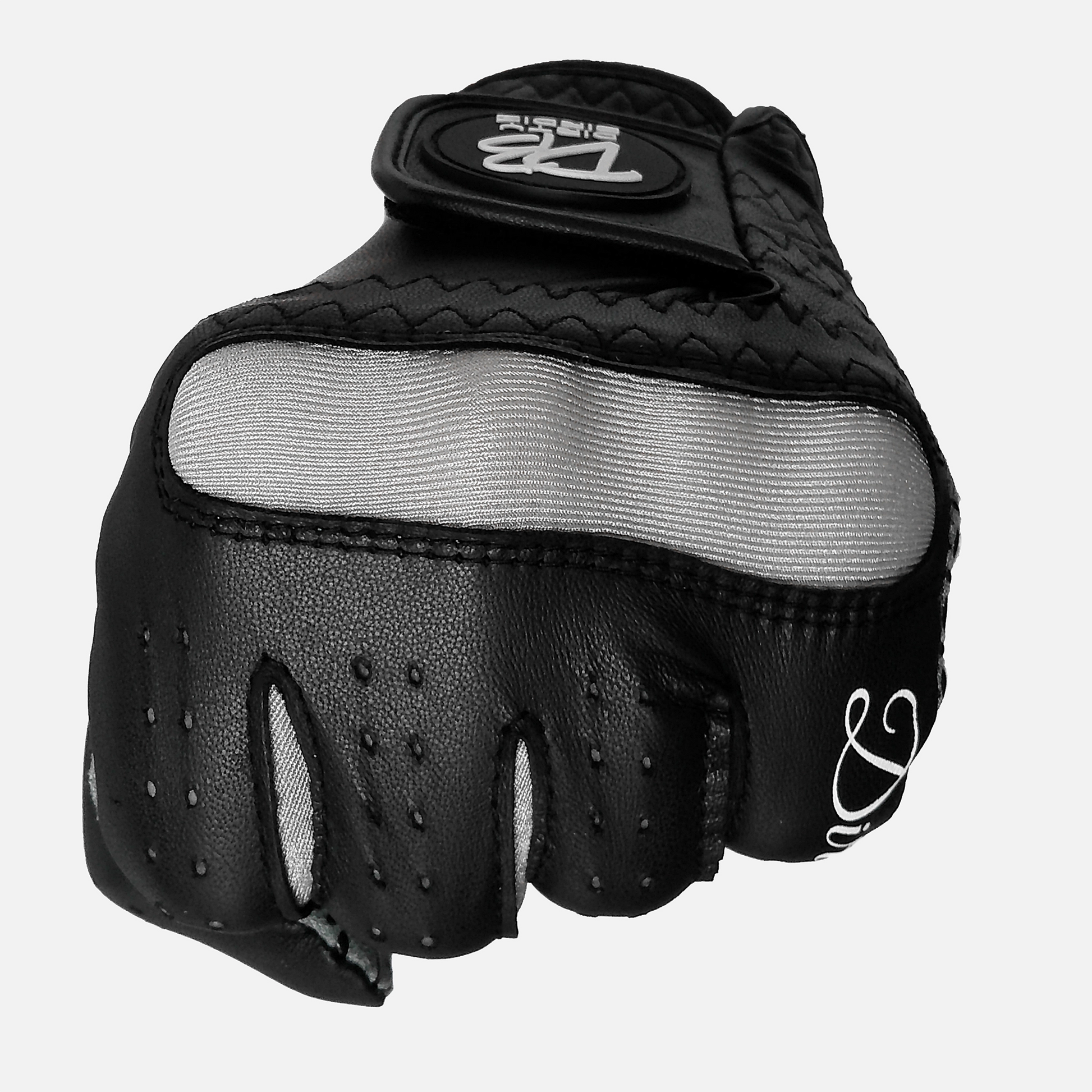 Sleek black golf glove with fist clenched showing flexibility in knuckles