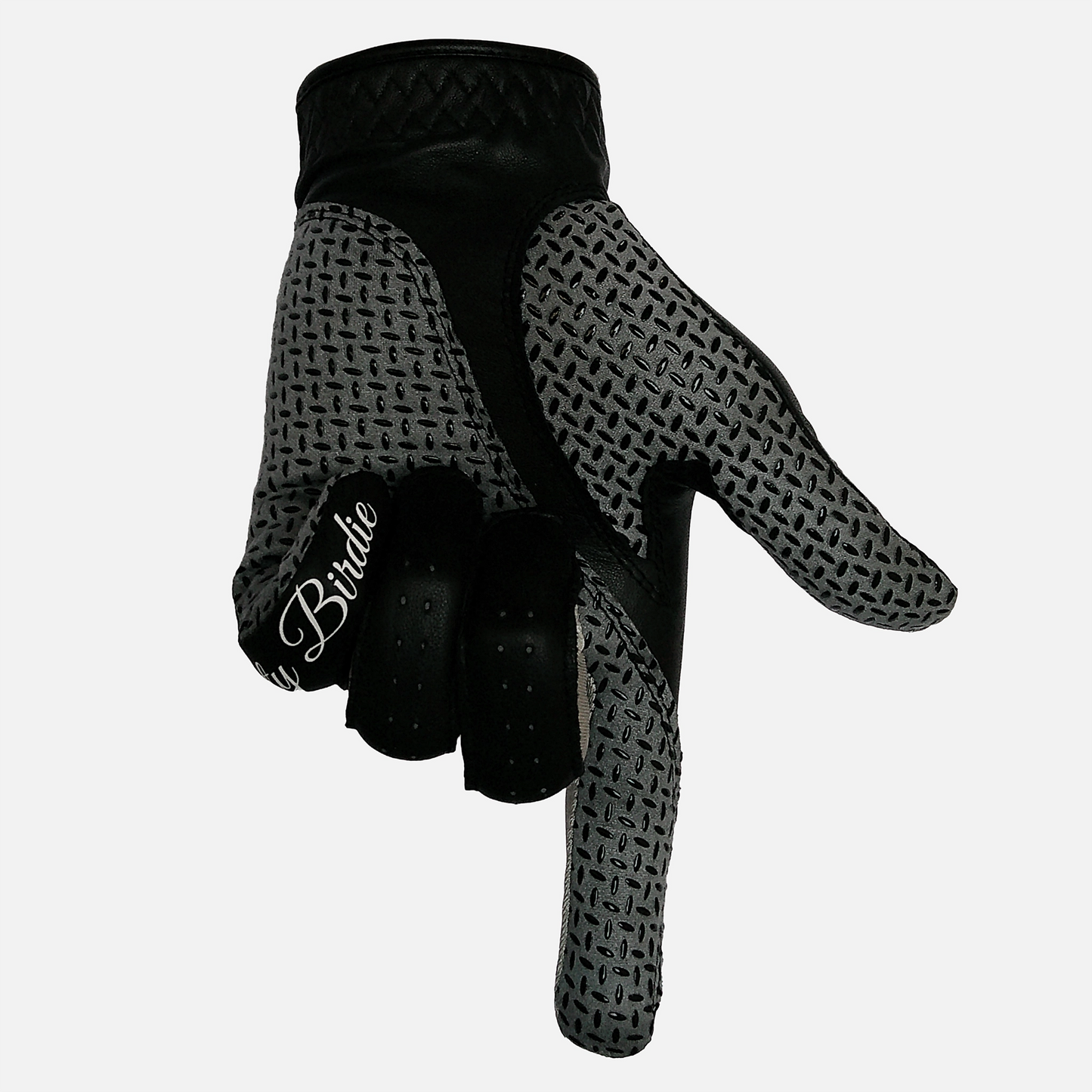 Durable black leather golf glove with flexible fit and superior grip pointing down