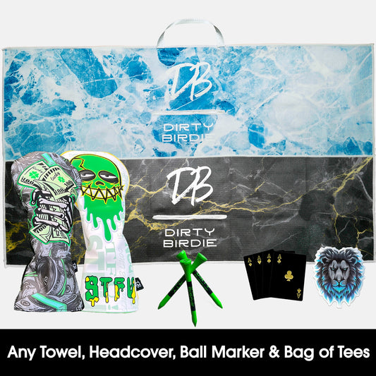 Studio shot of golf gift bundle, including High Quality Headcovers, Microbfire Waffle-knit towels, ball markers and tees