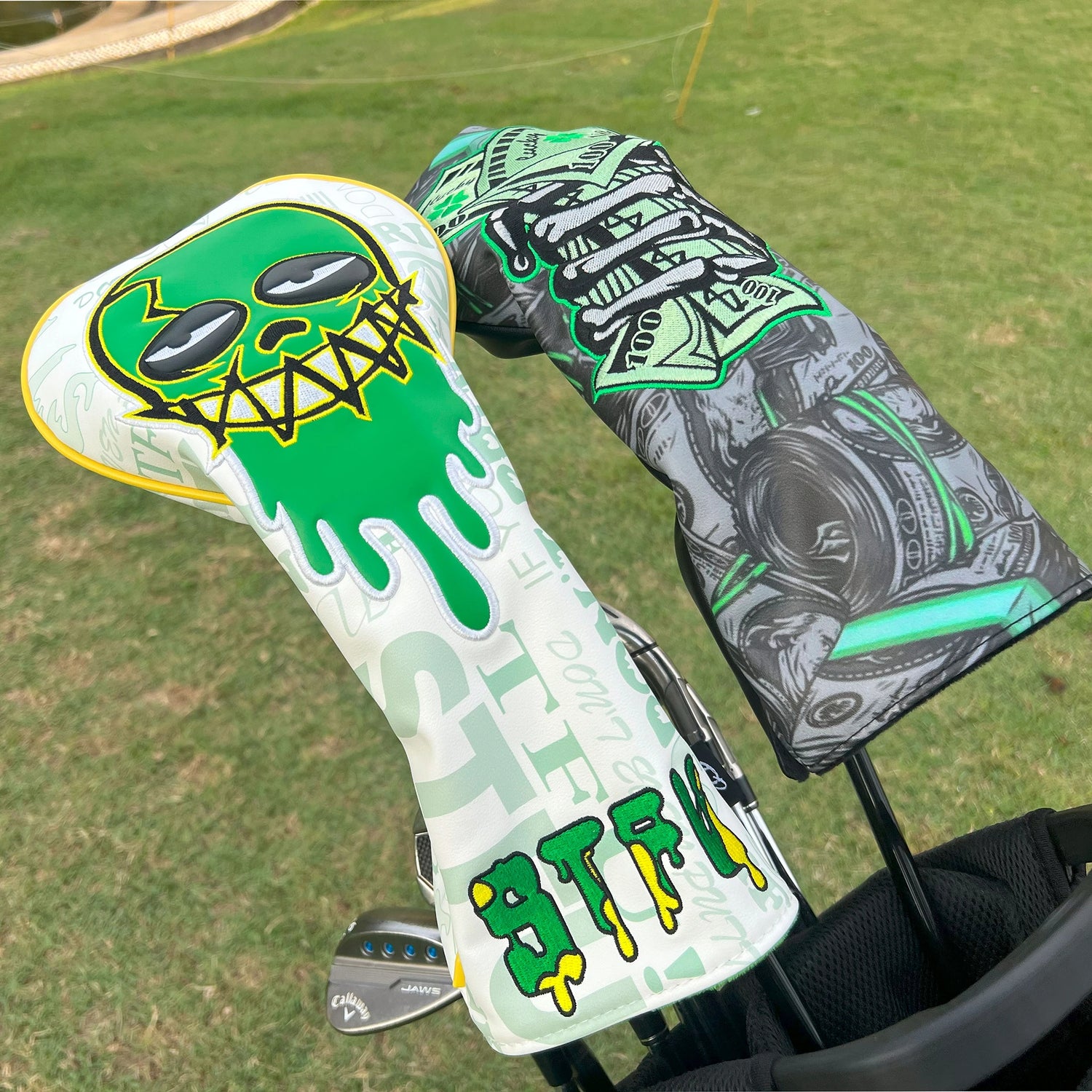 Durable Headcovers fitted on drivers inside golf bag on golf course