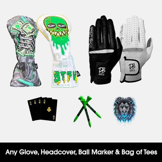 Studio shot of golf set, including High Quality Headcovers, Cabretta Leather Golf Gloves, ball markers and tees