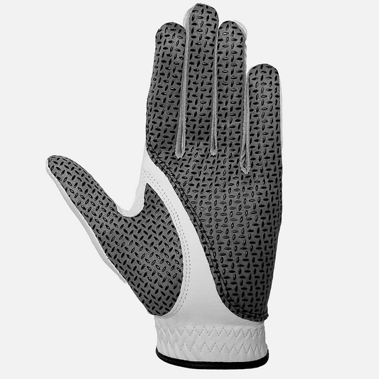 Palm view of luxury leather golf glove showing the anti-slip grip particles
