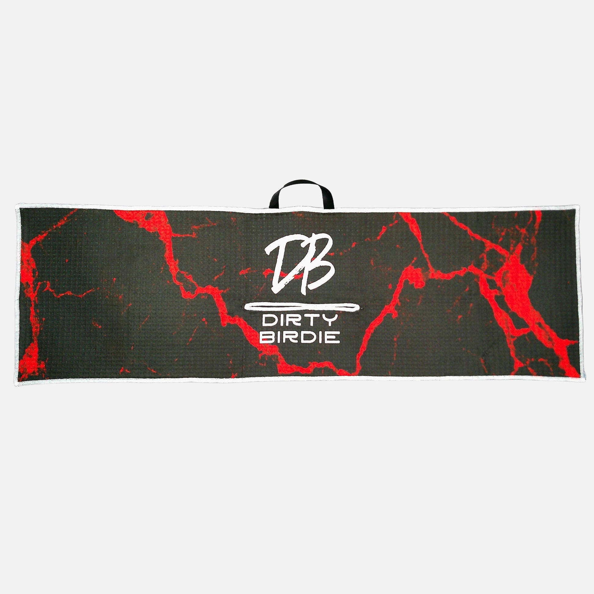 Towel with red and black marble pattern and 'DB' logo on a white background