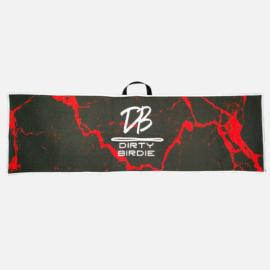 Towel with red and black marble pattern and 'DB' logo on a white background